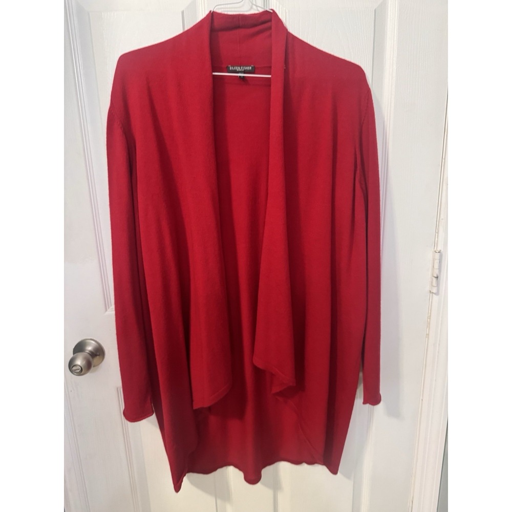 Eileen Fisher Open Cardigan Long Sweater 2x Red 100% Wool Merino Italian Yarn